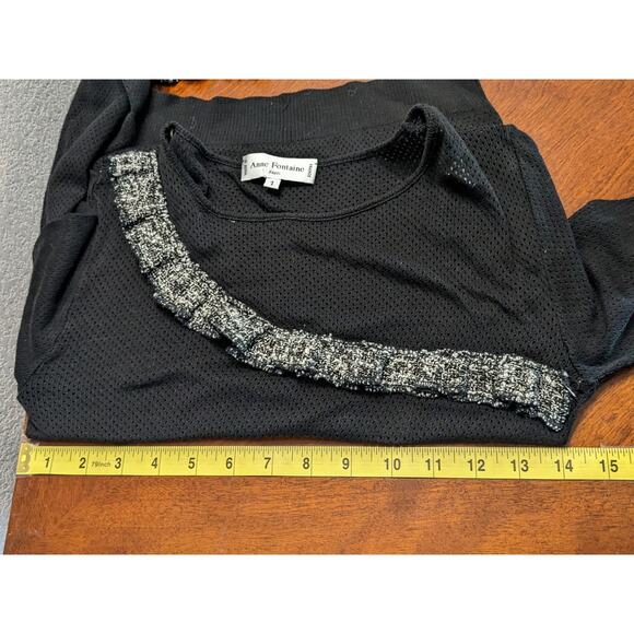Anne Fontaine Mesh‎ Blouse Size 1 Black White Bell Sleeve H03714 Crew Neck Sheer - Picture 7 of 12